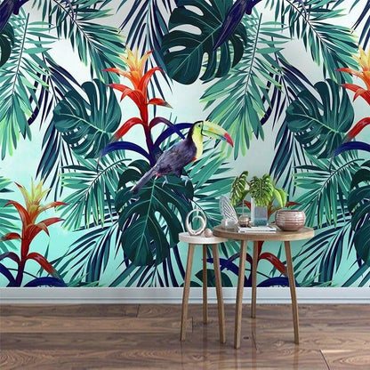 Papel Pintado Panorámico Tropical Hoja Flor Tucán