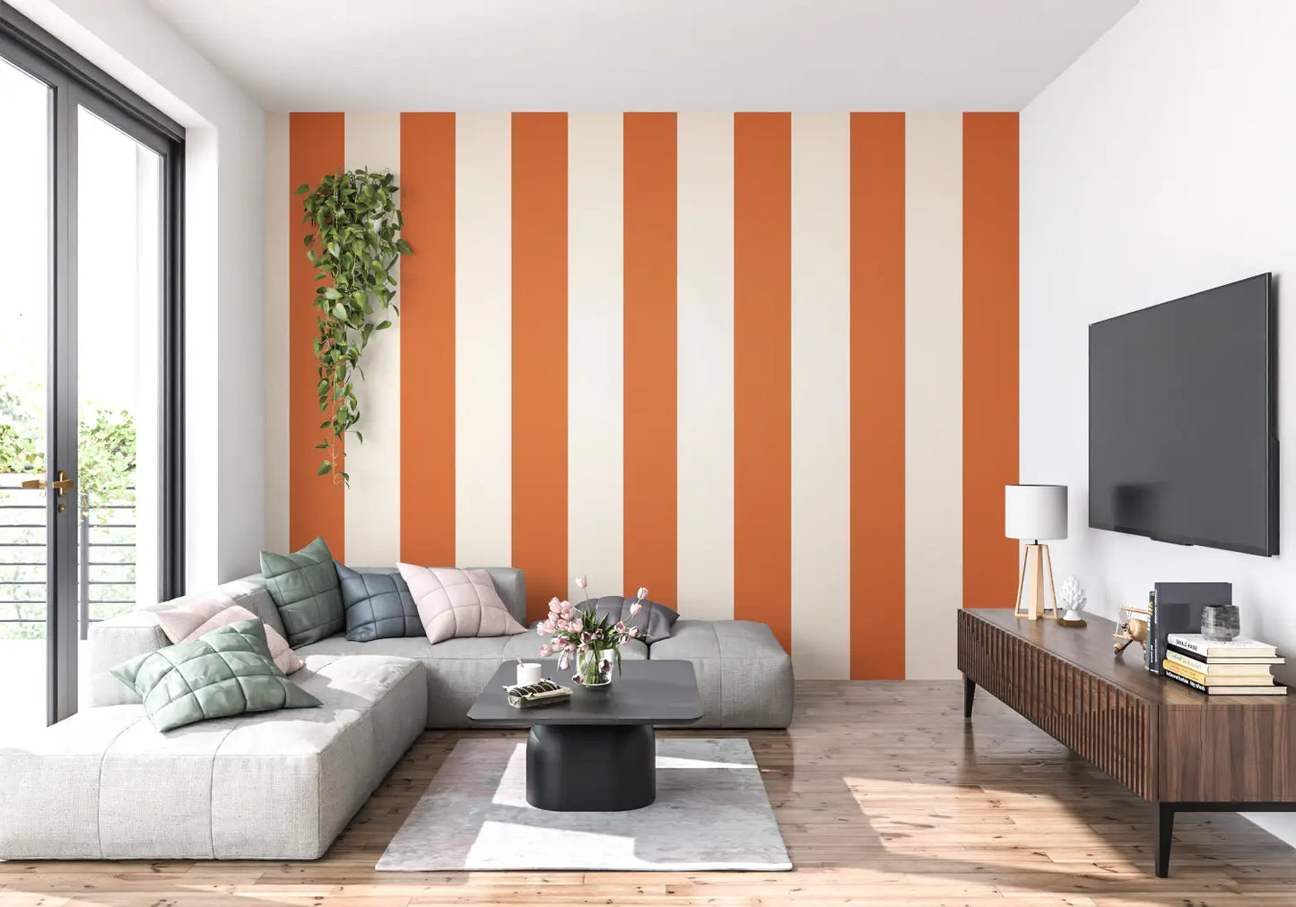 Papel pintado con rayas naranjas - tendencia en las paredes