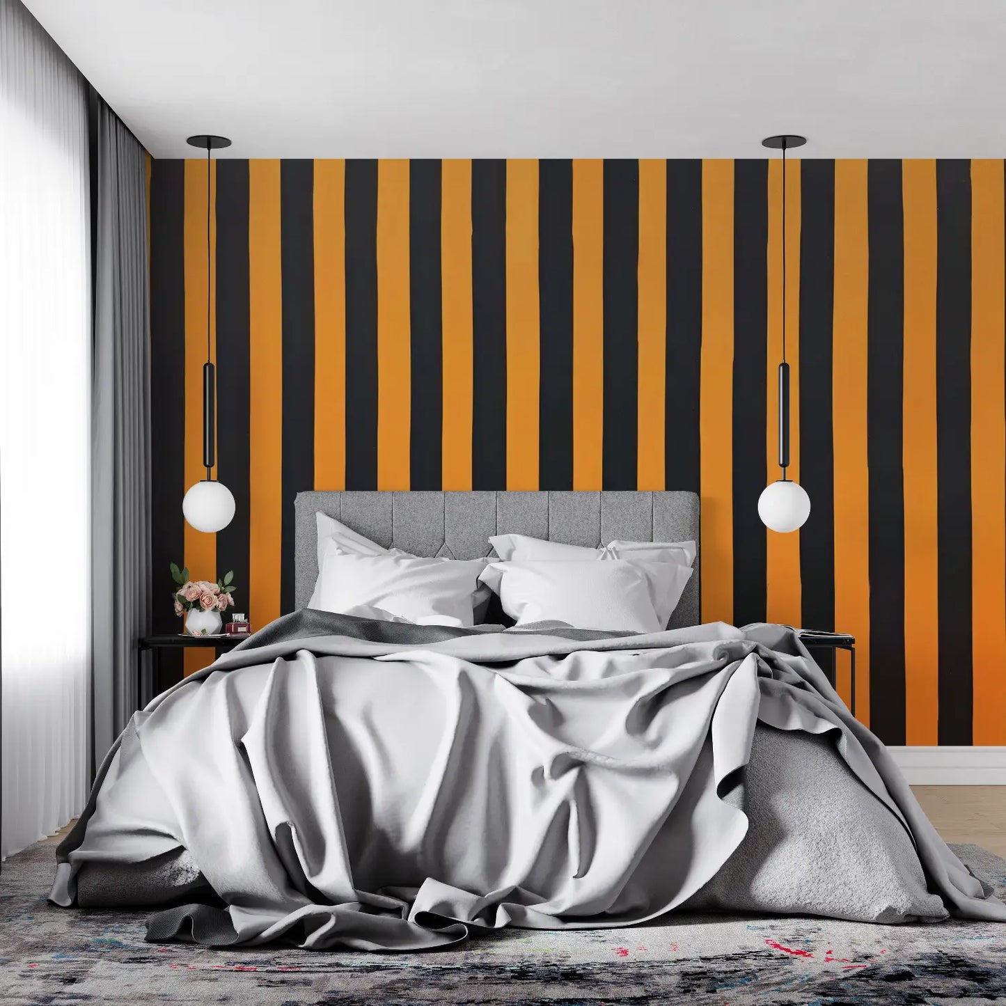 Papel pintado de rayas naranjas y negras - tendencia en la pared