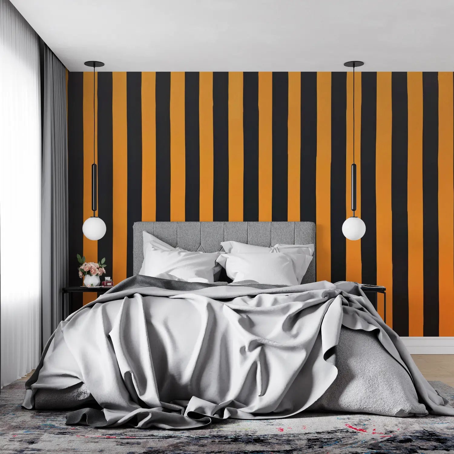 Papel pintado de rayas naranjas y negras - tendencia en la pared
