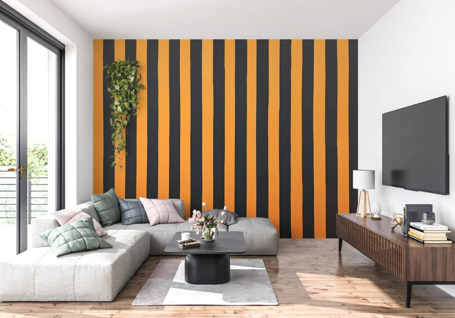 Papel pintado de rayas naranjas y negras - 4murs