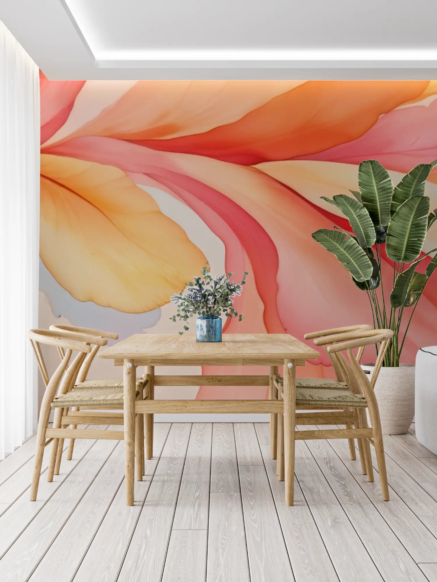 Papel pintado rosa naranja - trompe l'oeil