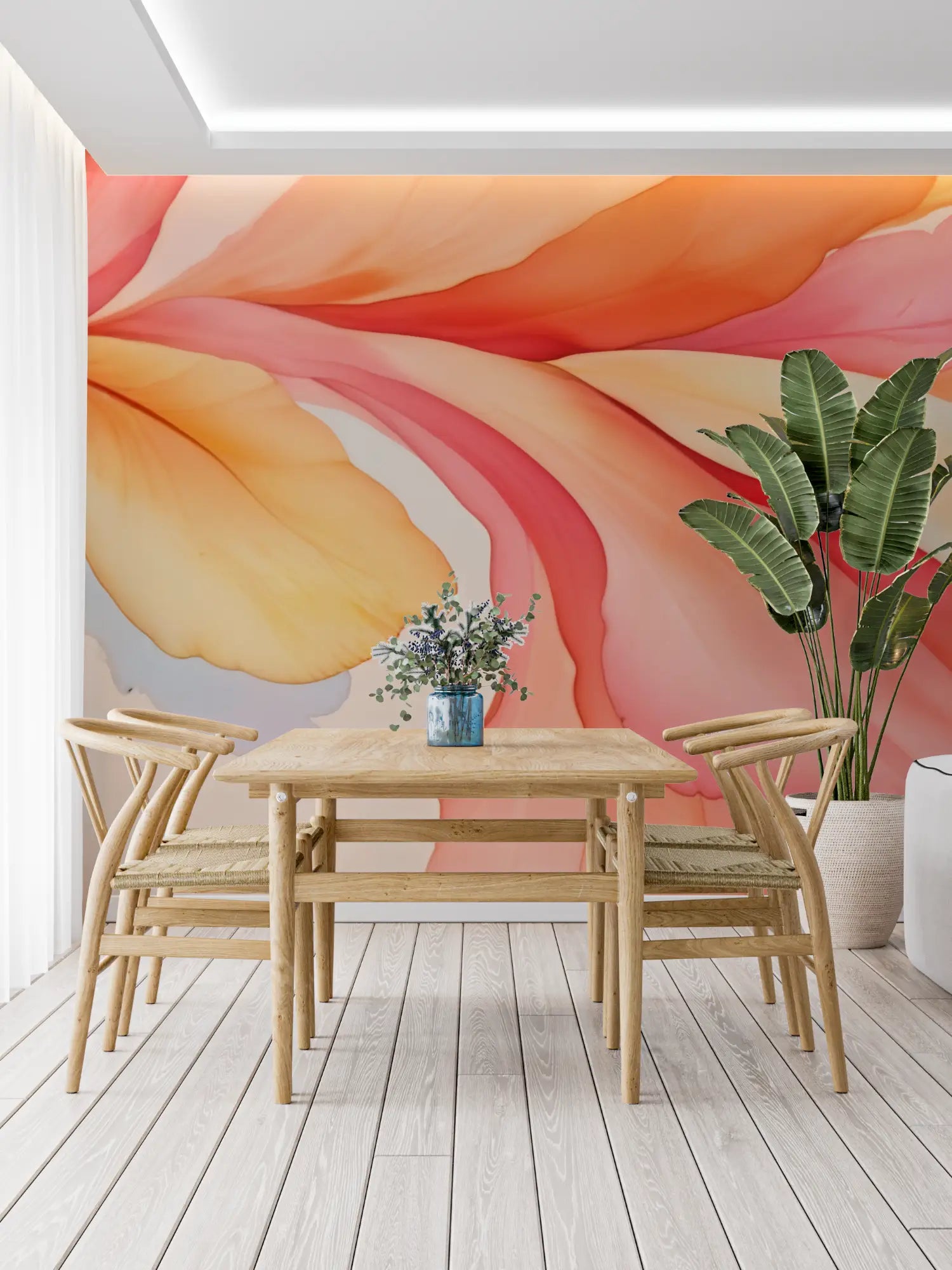 Papel pintado rosa naranja - trompe l'oeil