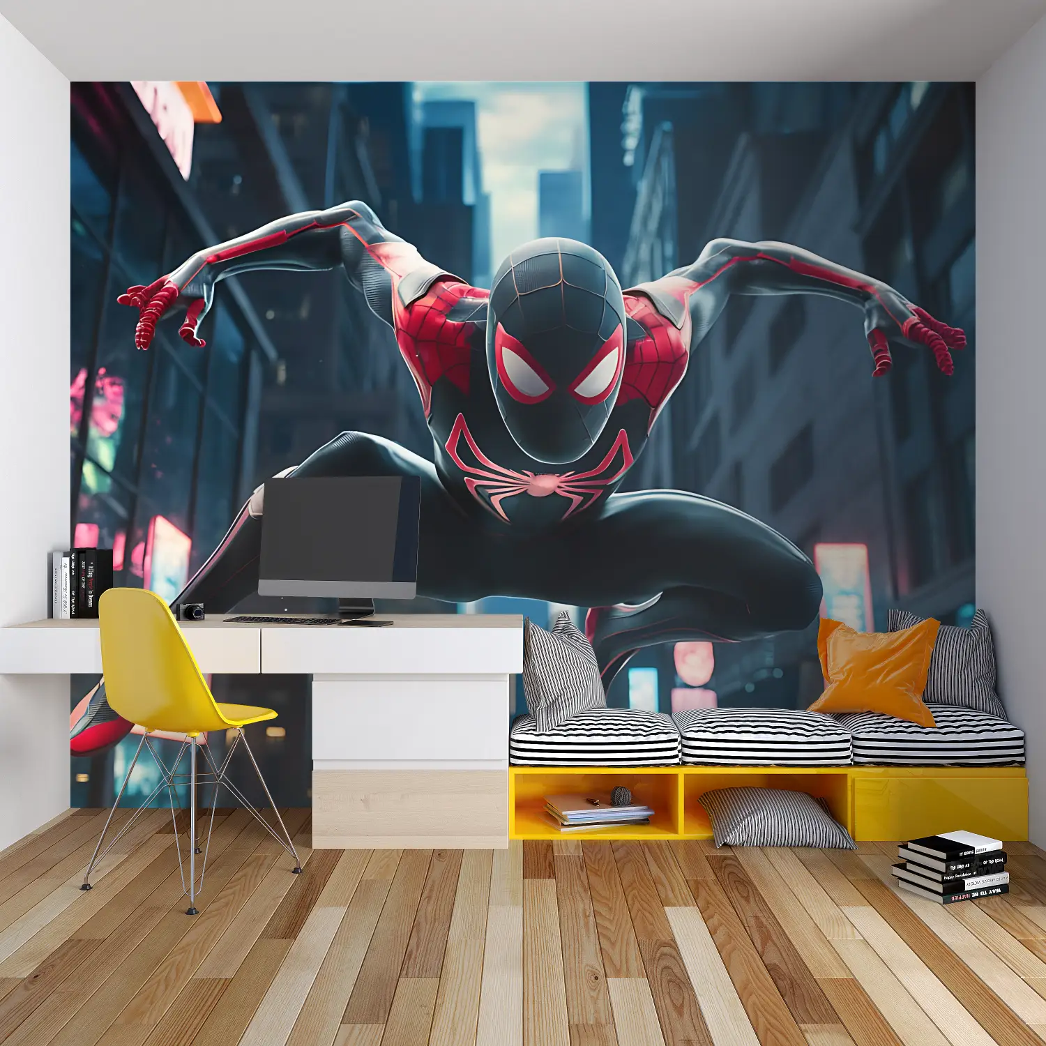 Papier Peint Spiderman Futuriste - chambre garçon lit