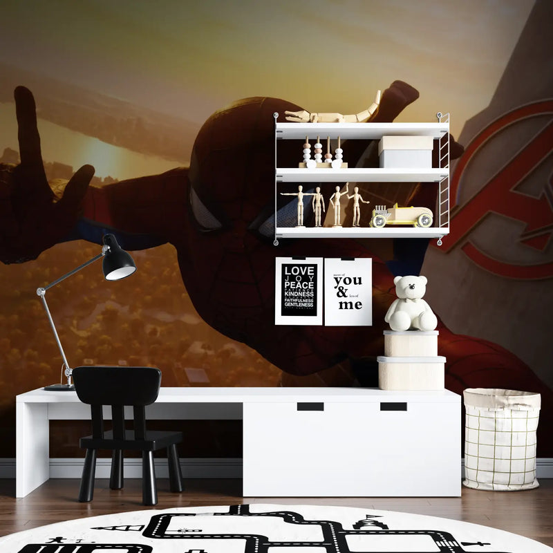 Papier Peint Spiderman Tour Avengers - chambre garçon lit