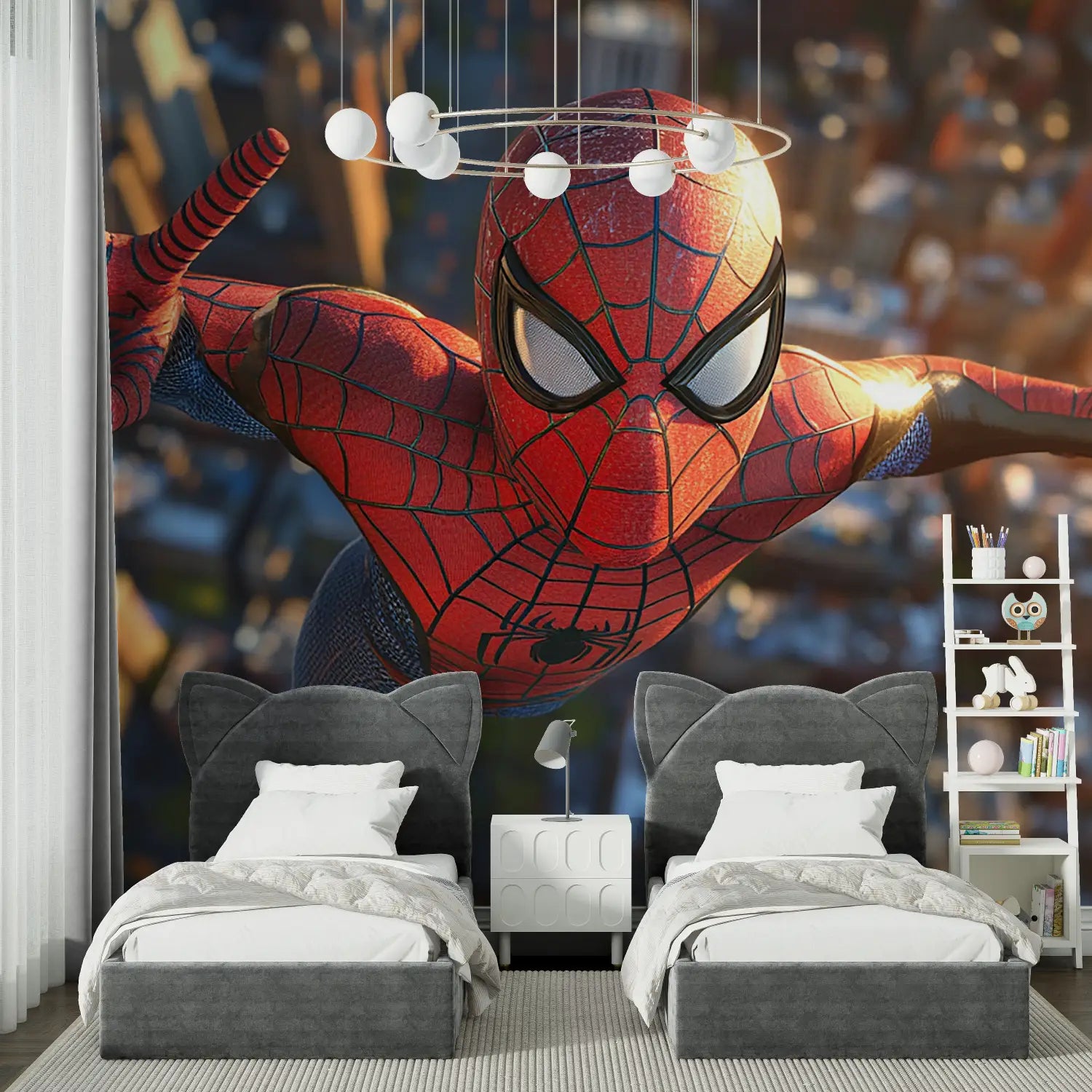 Papier Peint Spiderman Trompe l'Oeil - chambre garçon lit