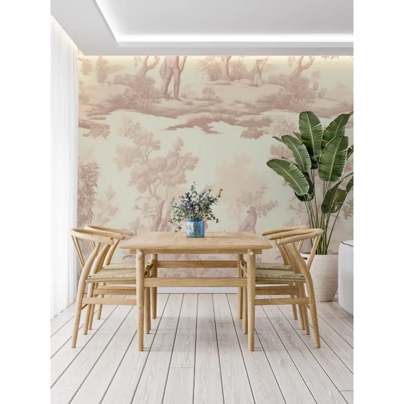 Vintage beige toile de jouy behang - Second Image