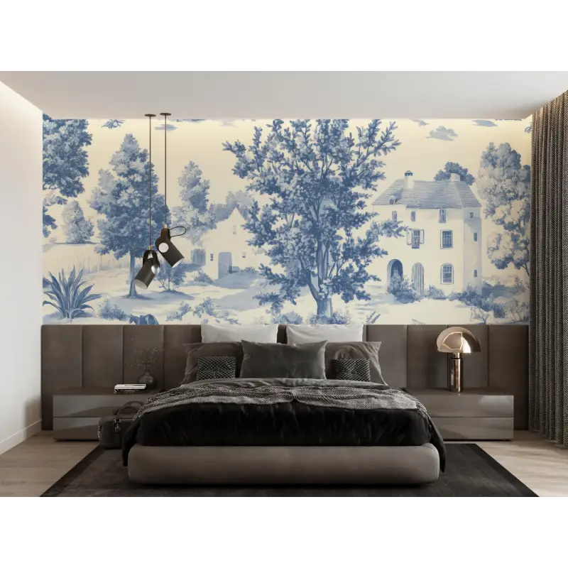 Papier Peint Toile De Jouy Bleu Art - trompe l'oeil