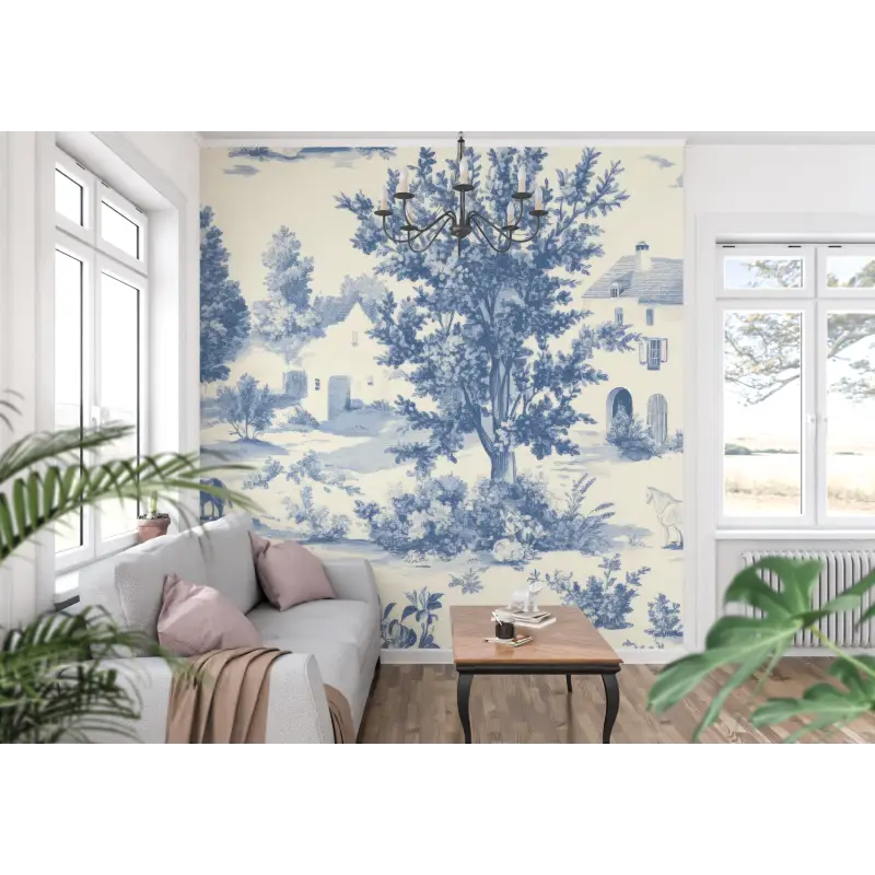 Papier Peint Toile De Jouy Bleu Art - panoramique-mur