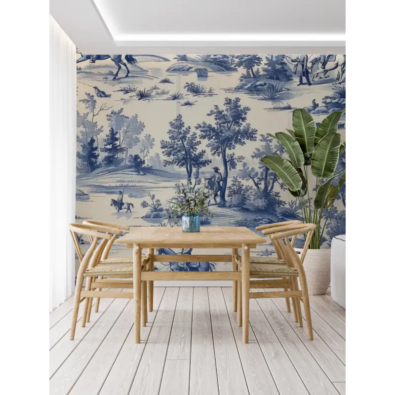 Papier Peint Toile De Jouy Dessin Bleu - panoramique tendance