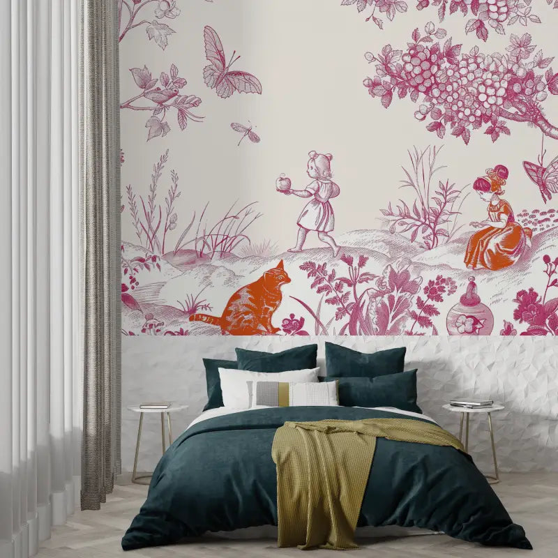 Papel pintado infantil rosa Toile De Jouy - panorámico de moda
