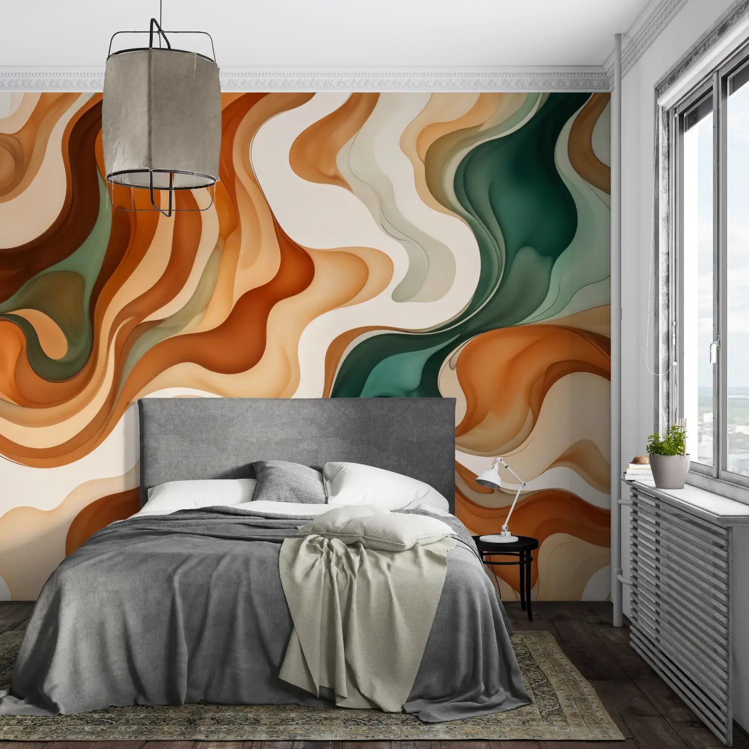 Papel pintado verde y naranja - mural