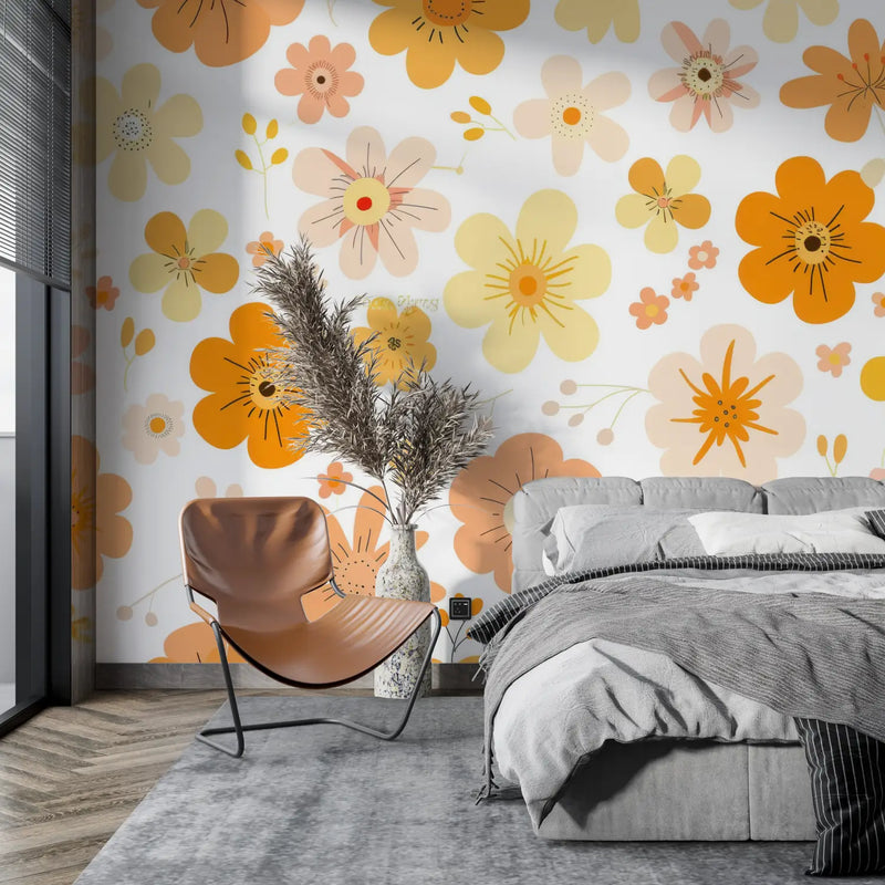 Papier Peint Vintage Fleurs Orange - tapisserie pano