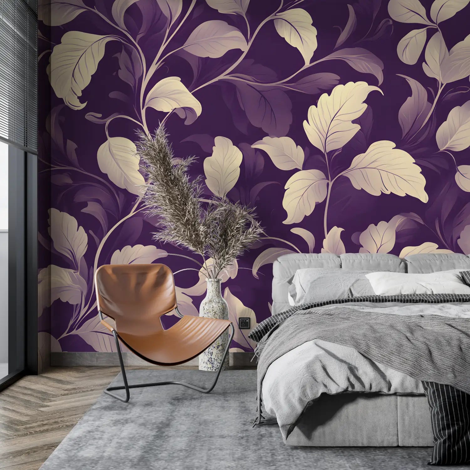 Papier Peint Violet Motif Fleurs - tapisserie pano