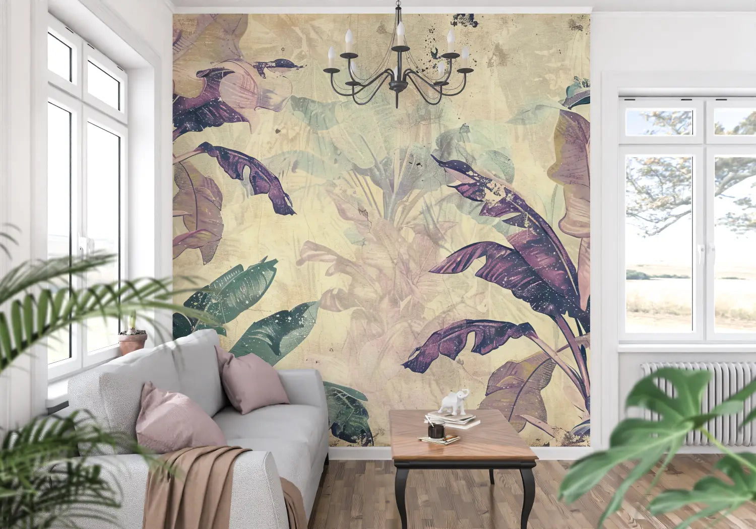 Papier Peint Violet Vintage Tropical - tapisserie