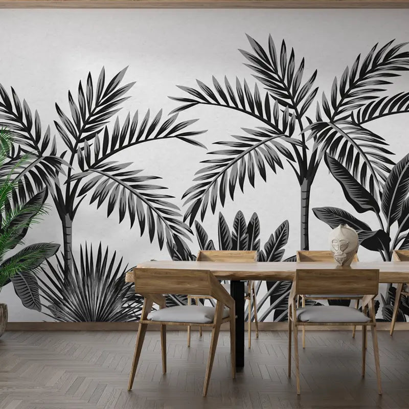 Papier Peint Feuillage Tropical Noir Et Blanc