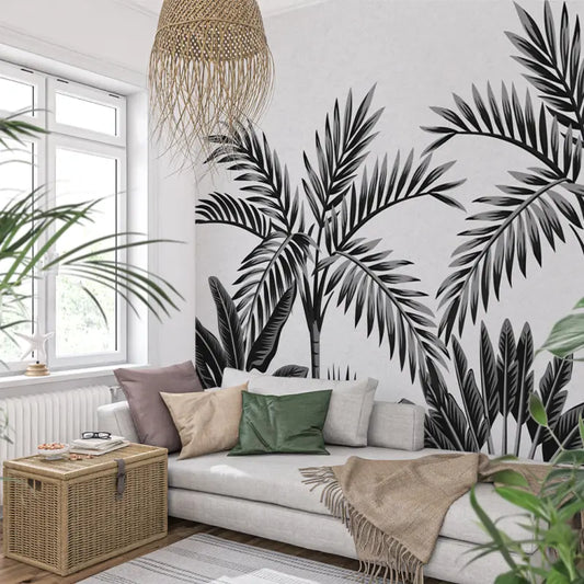 Papel pintado de follaje tropical en blanco y negro