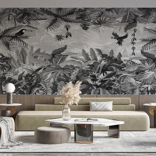 Papel pintado de bosque tropical en blanco y negro