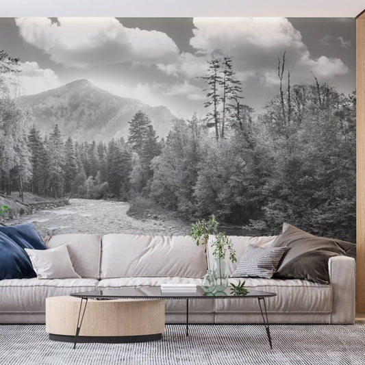 Papel pintado panorámico de bosque en blanco y negro